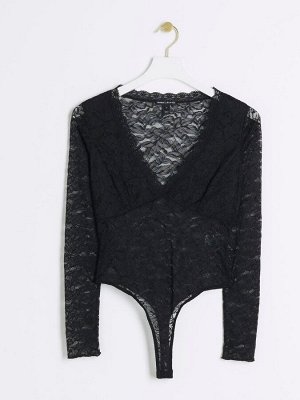 Черный - Боди River Island с глубоким вырезом и кружевом
