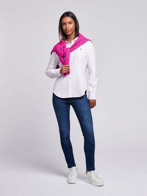 Розовый - US Polo Assn. Женская классическая рубашка Oxford из 100% хлопка в полоску