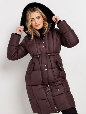 Стеганое пальто с искусственным мехом на капюшоне от M&Co