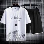 Костюм мужской трикотажный: футболка с принтом + шорты, белый