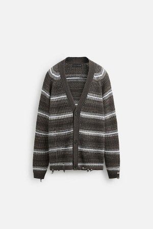 Трикотаж ЦВЕТ как на первом фото ПОЛОСАТЫЙ КАРДИГАН С ЭФФЕКТОМ ПОТЕРТОСТИ (GESTREIFTE CARDIGAN MIT DESTROYED-EFFEKT) Кардиган свободного кроя из хлопковой пряжи. V-образный вырез и длинные рукава. Эфф