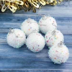 Ёлочные игрушки «Пушистый блеск», шары новогодние, d=5 см, набор 6 шт., белый