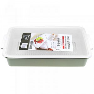 Контейнер для продуктов пластмассовый, 26х41см h7см, с крышкой, со вставкой-решеткой, мятный (Китай)