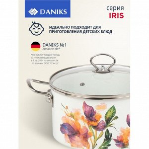 Кастрюля эмалированная сталь, 5 л, крышка стекло, цилиндрическая, Daniks, Iris, Y4-9065, индукция