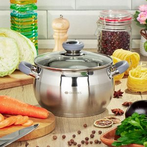 Кастрюля нержавеющая сталь, 2.9 л, с крышкой, крышка стекло, Daniks, Модерн серый, SD-18N, индукция