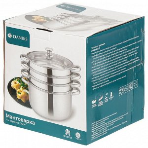 Мантоварка нержавеющая сталь, 26 см, 7 л, 4 секции, Daniks, крышка стекло, индукция, металлические ручки, глянец, SD-S26-4