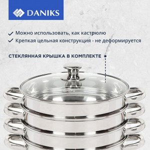Мантоварка нержавеющая сталь, 26 см, 7 л, 4 секции, Daniks, крышка стекло, индукция, металлические ручки, глянец, SD-S26-4