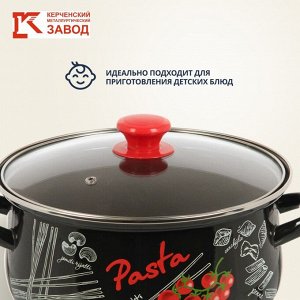Кастрюля эмалированная сталь, 3 л, крышка стекло, с декором, сферический, Керченский металлургический завод, Болоньезе, 61915-123