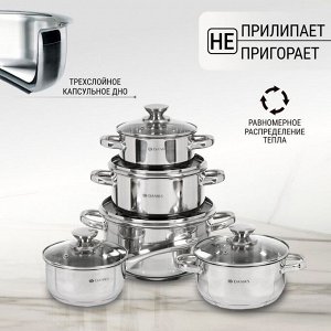 Набор посуды нержавеющая сталь, 10 предметов, кастрюли 1.5, 2.2, 3.1, 5.4 л, ковш 1.5 л, индукция, Daniks, Оптима