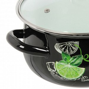 Кастрюля эмалированная сталь, 3 л, с крышкой, крышка стекло, с декором, сферический, Керченский металлургический завод, Мохито, 61915-123/4