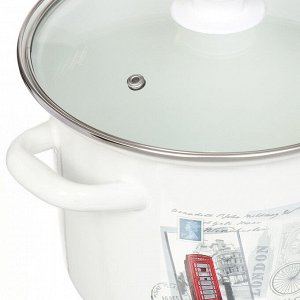Кастрюля эмалированная сталь, 5 л, с крышкой, крышка стекло, цилиндрическая, Керченский металлургический завод, 42304-162/4.02-У4, в ассортименте