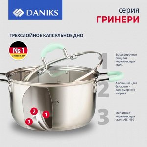 Кастрюля нержавеющая сталь, 1.7 л, с крышкой, крышка стекло, силиконовые ручки мятные, Daniks, Гринери, SD-23-16, индукция