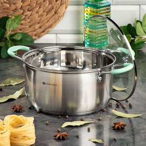 Кастрюля нержавеющая сталь, 4.5 л, с крышкой, крышка стекло, силиконовые ручки мятные, Daniks, Гринери, SD-23-22-2, индукция
