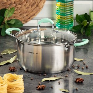 Кастрюля нержавеющая сталь, 4.5 л, с крышкой, крышка стекло, силиконовые ручки мятные, Daniks, Гринери, SD-23-22-2, индукция