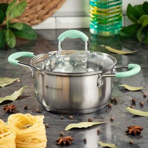 Кастрюля нержавеющая сталь, 1.7 л, с крышкой, крышка стекло, силиконовые ручки мятные, Daniks, Гринери, SD-23-16, индукция