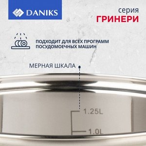 Кастрюля нержавеющая сталь, 1.7 л, с крышкой, крышка стекло, силиконовые ручки мятные, Daniks, Гринери, SD-23-16, индукция