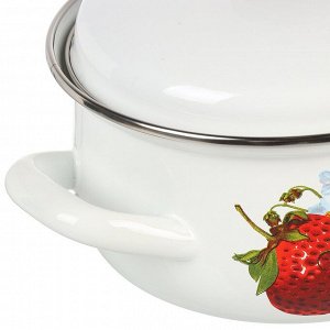 Кастрюля эмалированная сталь, 1.5 л, с крышкой, крышка сталь, сферический, Керченский металлургический завод, Клубника садовая, 61904-082/6, белая