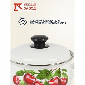 Кастрюля эмалированная сталь, 1.5 л, с крышкой, крышка сталь, сферический, Керченский металлургический завод, Вишневый сад, 61904-082/6, белая