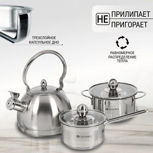 Набор посуды нержавеющая сталь, 5 предметов, кастрюля 1 л, ковш 0.8 л, чайник 2 л, индукция, Daniks, GS-01311A-5PC