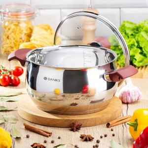 Кастрюля нержавеющая сталь, 3.6 л, крышка стекло, Daniks, Орлея, GS-01159P-20CA, индукция