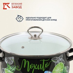 Кастрюля эмалированная сталь, 4 л, с крышкой, крышка стекло, с декором, сферический, Керченский металлургический завод, Мохито, 61915-143/4