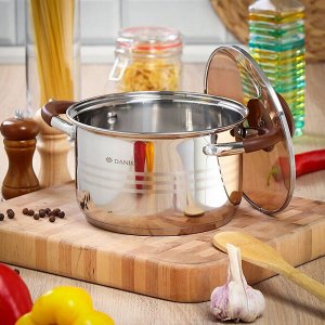 Кастрюля нержавеющая сталь, 3.8 л, с крышкой, крышка стекло, Daniks, Веллингтон, GS-01415-20CA, индукция