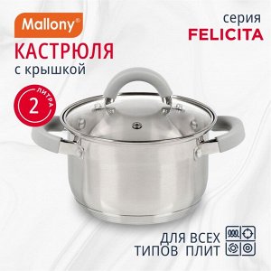 Кастрюля нержавеющая сталь, 2 л, с крышкой, крышка стекло, силиконовые ручки, Mallony, Felicit?, 009386, индукция