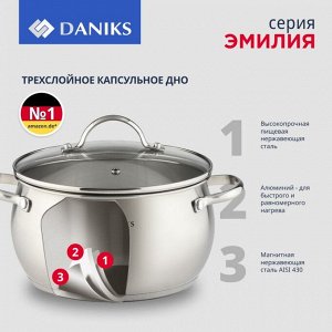 Набор посуды нержавеющая сталь, 6 предметов, кастрюли 2.8, 5л, ковш 2л, индукция, Daniks, Эмилия, CW-W075-SE
