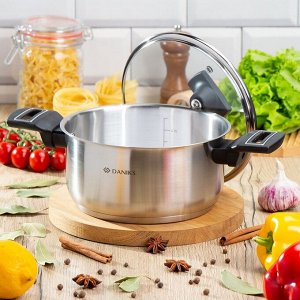 Кастрюля нержавеющая сталь, 3.1 л, с крышкой, крышка стекло, Daniks, Айленд, SD-23-20, индукция