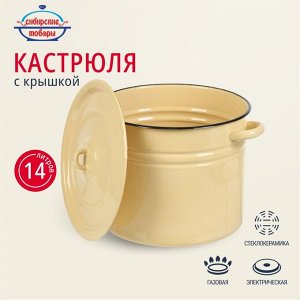Кастрюля эмалированная сталь, 14 л, с крышкой, крышка сталь, цилиндрическая, Сибирские товары, С41626.з/П/СГ, зеленый рябчик,палевый, серо-голубой