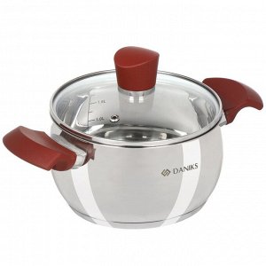 Кастрюля нержавеющая сталь, 1.9 л, крышка стекло, Daniks, Орлея, GS-01159P-16CA, индукция