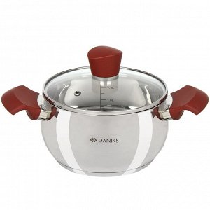 Кастрюля нержавеющая сталь, 1.9 л, крышка стекло, Daniks, Орлея, GS-01159P-16CA, индукция