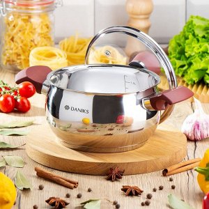 Кастрюля нержавеющая сталь, 1.9 л, крышка стекло, Daniks, Орлея, GS-01159P-16CA, индукция