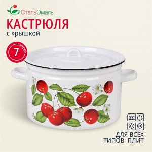 Кастрюля эмалированная сталь, 7 л, с крышкой, крышка сталь, цилиндрическая, СтальЭмаль, Вишня ягоды, 1с18с, индукция