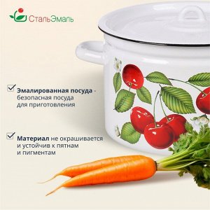 Кастрюля эмалированная сталь, 7 л, с крышкой, крышка сталь, цилиндрическая, СтальЭмаль, Вишня ягоды, 1с18с, индукция