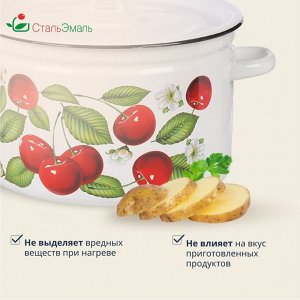 Кастрюля эмалированная сталь, 7 л, с крышкой, крышка сталь, цилиндрическая, СтальЭмаль, Вишня ягоды, 1с18с, индукция