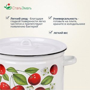 Кастрюля эмалированная сталь, 7 л, с крышкой, крышка сталь, цилиндрическая, СтальЭмаль, Вишня ягоды, 1с18с, индукция