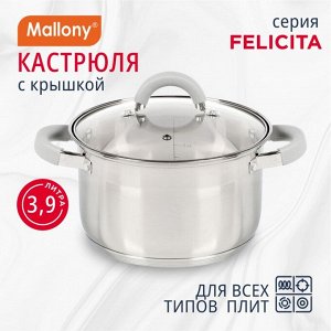 Кастрюля нержавеющая сталь, 3.9 л, с крышкой, крышка стекло, силиконовые ручки, Mallony, Felicit?, 009388, индукция