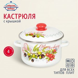 Кастрюля эмалированная сталь, 4 л, крышка сталь, цилиндрическая, Сибирские товары, Оливки и черри, 3MD201M, индукция