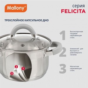 Кастрюля нержавеющая сталь, 2.9 л, с крышкой, крышка стекло, силиконовые ручки, Mallony, Felicit?, 009387, индукция
