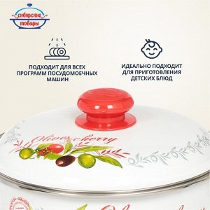Кастрюля эмалированная сталь, 4 л, крышка сталь, цилиндрическая, Сибирские товары, Оливки и черри, 3MD201M, индукция