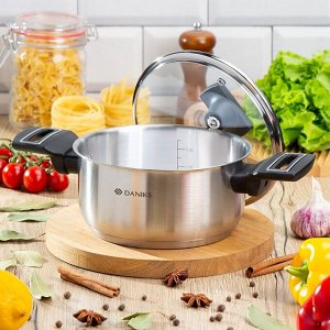 Кастрюля нержавеющая сталь, 2.2 л, крышка стекло, Daniks, Айленд, SD-23-18, индукция