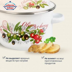 Кастрюля эмалированная сталь, 2 л, с крышкой, крышка сталь, цилиндрическая, Сибирские товары, Оливки и черри, 3MD161M, индукция