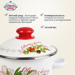 Кастрюля эмалированная сталь, 2 л, с крышкой, крышка сталь, цилиндрическая, Сибирские товары, Оливки и черри, 3MD161M, индукция