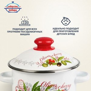 Кастрюля эмалированная сталь, 2 л, с крышкой, крышка сталь, цилиндрическая, Сибирские товары, Оливки и черри, 3MD161M, индукция