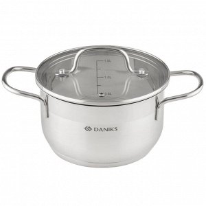 Кастрюля нержавеющая сталь, 1.9 л, с крышкой, крышка стекло, Daniks, Нолан, GS-01363-16CA, индукция