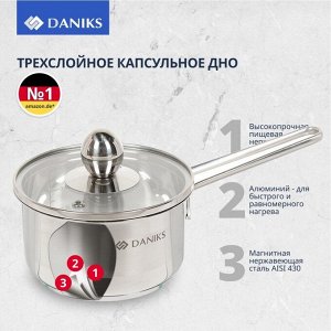 Ковш нержавеющая сталь, 0.8 л, крышка стекло, металлическая ручка, индукция, Daniks, GS-01311-12SP/SD-512S