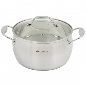Кастрюля нержавеющая сталь, 3.5 л, крышка стекло, Daniks, Manola, CW-T078-20, индукция