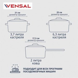 Набор посуды нержавеющая сталь, антипригарное покрытие, 6 предметов, кастрюли 3.7, 6.3 л, ковш 2 л, индукция, Vensal, Coquet, VS1508
