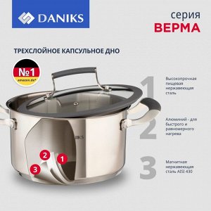 Кастрюля нержавеющая сталь, 2.4 л, с крышкой, крышка стекло, Daniks, Верма, CW-S071-18, индукция